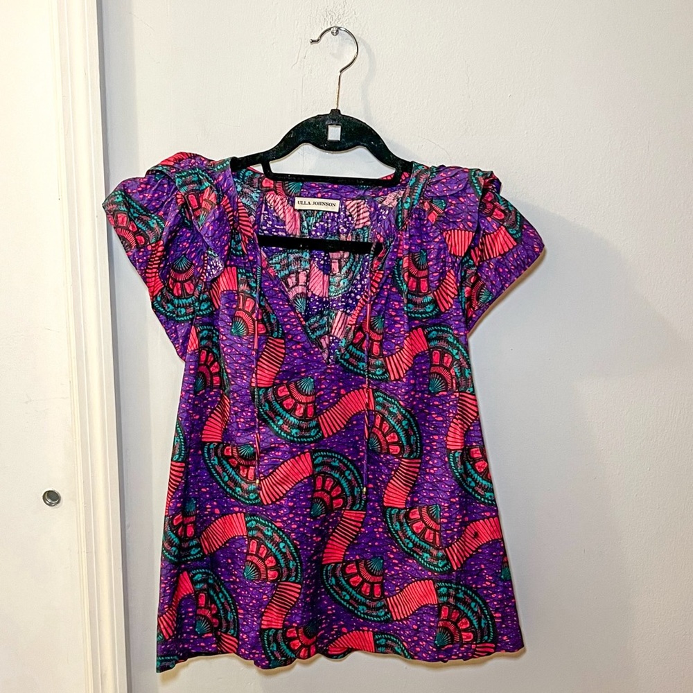 Ulla Johnson Purple, Pink & Teal Printed Short-Sleeve Blouse